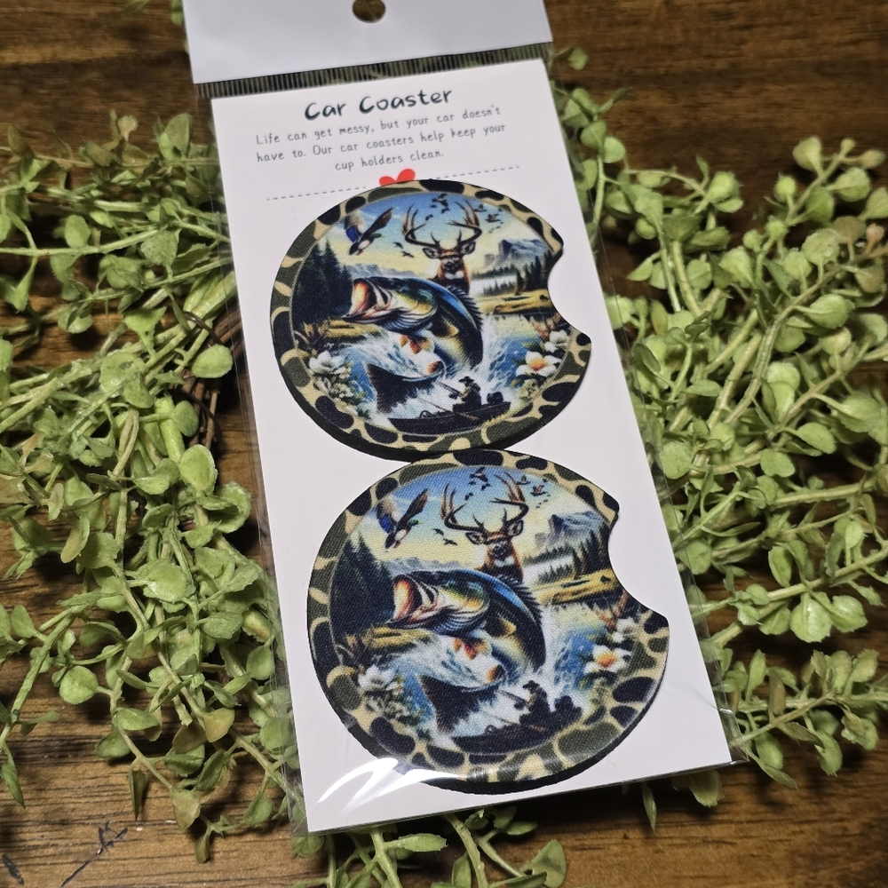 Car Coasters with Fish & Deer Design - Blue/Green